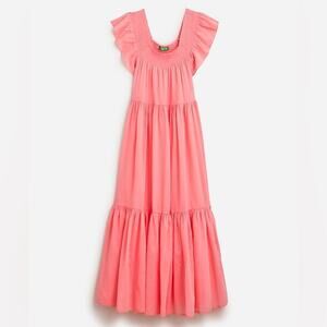 J. Crew Coral Pink Smocked Tiered Flutter Sleeve Beach Maxi Dress NWT Sz L